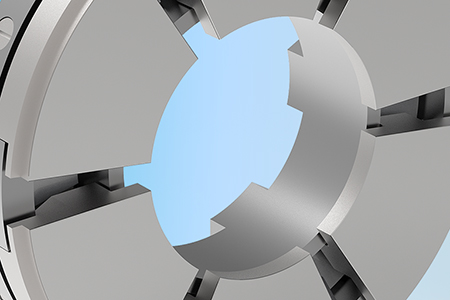 Six different Kingsbury tilting pad fluid bearings, designed to handle axial thrust loads in high-speed rotating equipment.